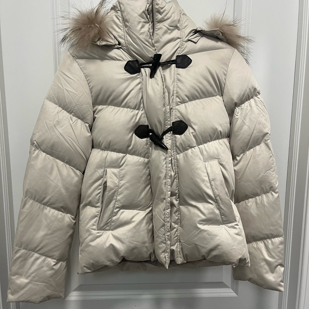 Rope Winter Puffer Coat Size 9 Gold/cream With Fox Fur Hood